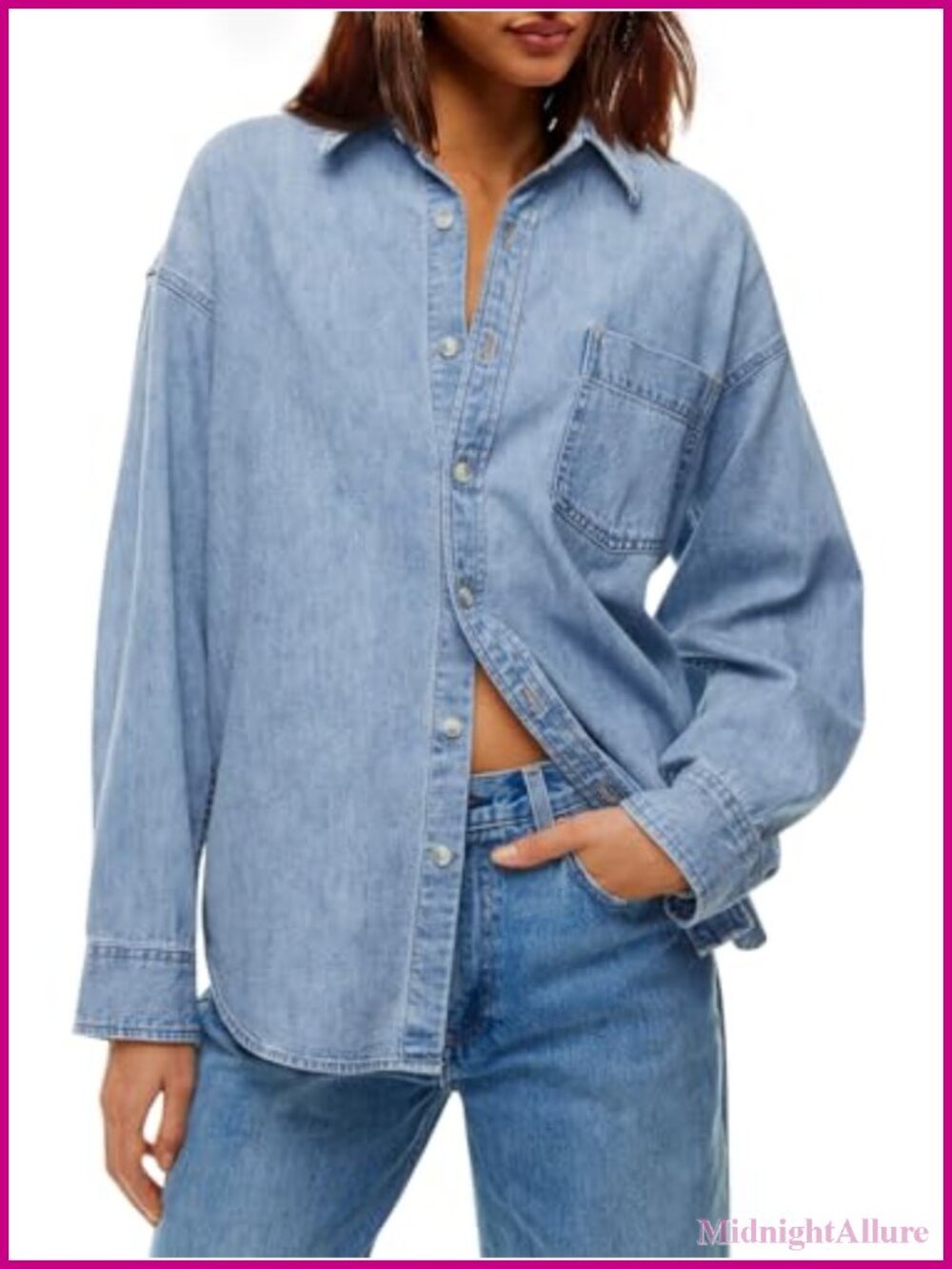 Women Oversized Denim Button Down Shirt 100% Cotton Long Sleeve Jean Top